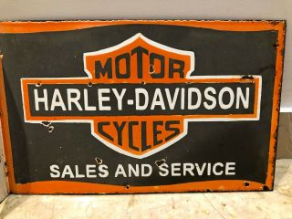 Harley - Davidson Sales And Service 2 Sided With Flange Porcelain Enamel Sign 2