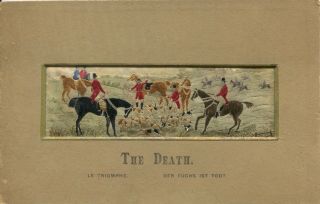 1880s Stevengraph Silk Woven Picture " The Death " Hunting - Triple Titled Mount
