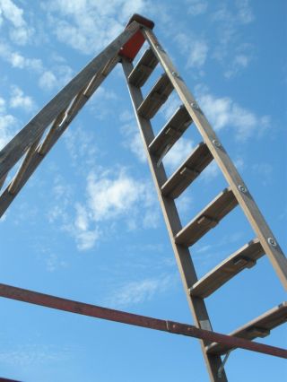 Vintage Very Tall 16 Foot Wood Step Ladder Industrial Rating