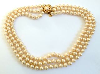 A Vintage 1980s Majorica 3 Strand Pearl Necklace With Gold Plated Silver Clasp