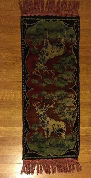 Vintage Velvet Tapestry Deer Stag Buck Table Runner Rug 13x32,  Fringe