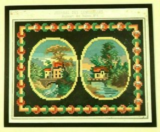Antique Berlin Woolwork 19th Century.  Printed Chart - 2 Cottages Within A Border