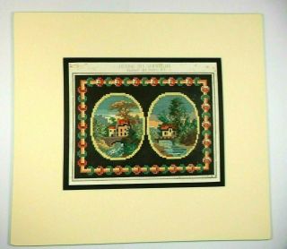 Antique Berlin Woolwork 19th century.  PRINTED chart - 2 cottages within a border 2