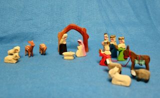 Vintage Hand Carved & Painted Miniature Wood Christmas Nativity Set