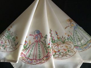Vintage Hand Embroidered Tablecloth Crinoline Ladies/garden Pond