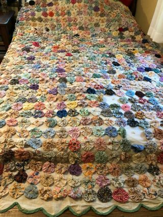 Vintage Hand Stitched Yo Yo Quilt Old Fabric 95” X 77” Cutter Or Repairs