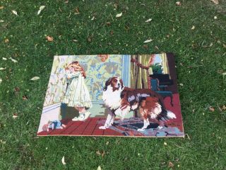 Vintage Large Tapestry Embroidered Picture Hand Stitch Girl Dog Special Pleader