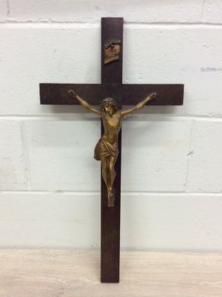 Vintage Large Heavy Catholic Inri Cross W/metal Jesus Walnut Wood (24 ") 1940 