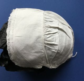 An 18th Century Antique Fine Linen Baby Bonnet,  Cap.  Lace Trim.  Also For A Doll.