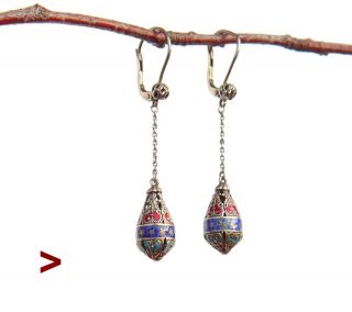 Antique Russian Caucasian Earrings Solid Silver Enamel Pearls /2.  6gr