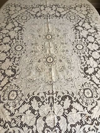 Vtg Rectangular Ecru Quaker Floral Lace Tablecloth