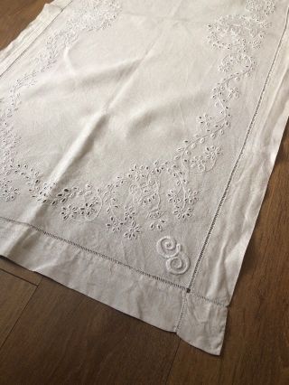 Vintage Hand Worked Whitework Linen Table Runner Cloth