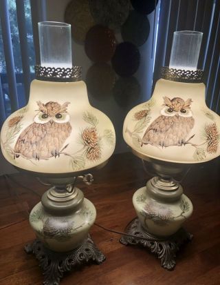Vtg Gwtw Hurricane Green Owl Raised Brass Lamps.  One Of A Kind Hand Painted.