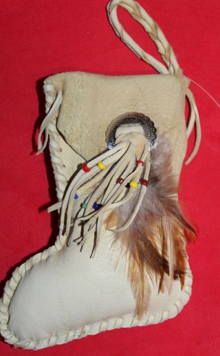 Native American Leather Christmas Stocking 6 " Concho Feathers Beads Fringe,