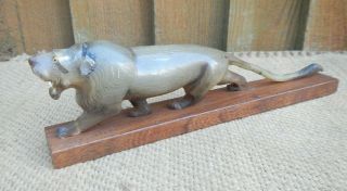 Antique Art Deco Hand Carved Horn Sculpture Prowling Lion Mounted On Wood Base