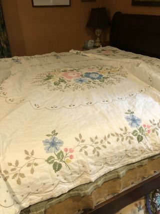 Omg Vintage Handmade Cross Stitch Quilt,  Hand Quilted