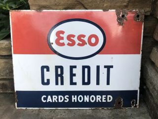 Vtg Esso Gas Oil Station Credit Cards Dsp Porcelain Sign Standard Oil 18” X 14”