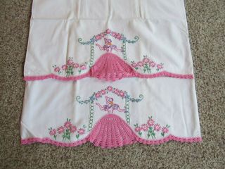 Vintage Pair Pillowcases Embroidered Crochet Southern Belle Ladies Pink Skirt