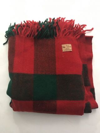 Horner vtg Wool Throw Blanket Scottish Fringes Red Plaid Christmas Holiday Flaws 2