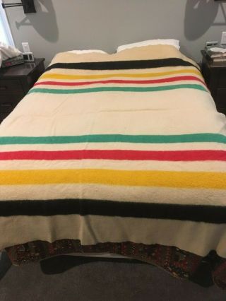 Hudson Bay Wool Blanket Vintage 4 Point Cream Colored Stripes Made In England 1