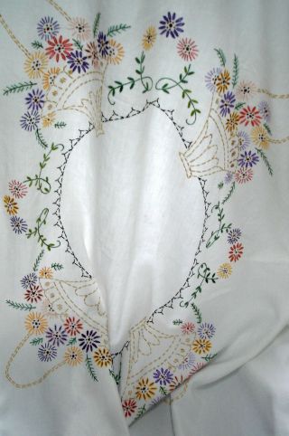 Vintage Hand Embroidered Flower Baskets White Linen Double Bed Cover 84 