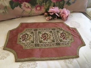 Antique French Pink Velvet Table Runner Floral Tapestry Metalwork Trim N22