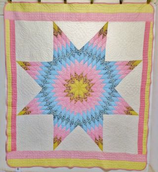 Vintage Handmade Hand Stitched Pink Blue & Yellow Lone Star Quilt - 82 " X 74 "