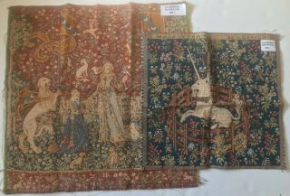 Pair Vintage French Tapestry Fabric Panels Unicorns Medieval Cushion Covers