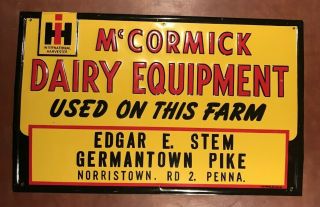 Vintage Ih Mccormick Dairy Equipment Tin Sign Edgar E.  Stem