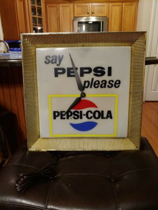 Antique 1960s Pepsi - Cola Advertising Clock Sign Square Say Pepsi Please