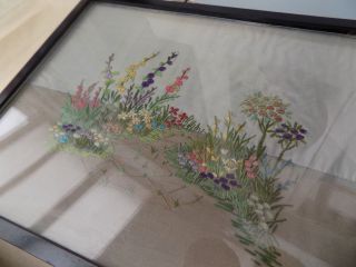 Vintage Hand Embroidered Cottage Garden On Silk Panel Framed Boxed Xmas Gift