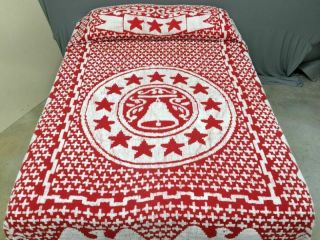 Rare Vintage Collectors - Patriotic Red And White Chenille Bedspread Eagle Bell