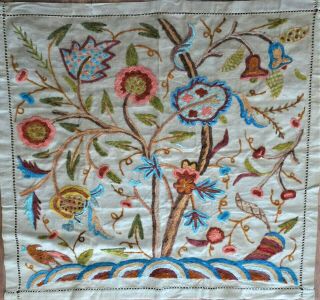 Vtg - Wool Chainstitch Embroidery Tablecloth - Wall Hanging - 33 X 33 "