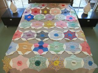 40 Vintage Feed Sack Signed Not Dated Friendship Hexagonal Star Quilt Blocks