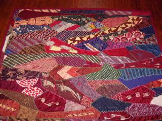 Antique - Vtg.  Crazy Quilt - - Handmade & Hand Embroidered - - Maroon Back & Borders