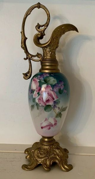 Victorian 17.  5” Mantle Ewer Urn Hand Painted Flowers On Glass Gold Cast Metal