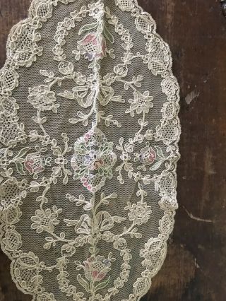 Antique French Oval Petite Ecru Pink Pastel Flowerstambour Lace