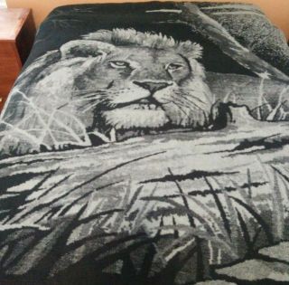 Vintage San Marcos Reversible Blanket Lion Black & Gray King Size 85 " X 91 "