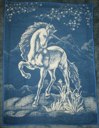 Vintage San Marcos Blanket Cobertor Unicorn Reversible 78 X 57 Blue Cream