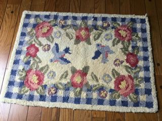 Vintage 40’s Hooked Rug Checkerboard Blue Birds,  34 X 25 Inches Charming
