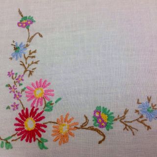 Colourful Vintage Hand Embroidered Linen Table Cloth