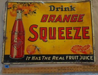 Authentic Vintage Orange Squeeze Soda Tin Sign 20 " X28 " Jv Reed Louisville
