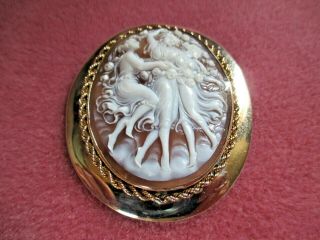 Large Solid 14k Gold Hand Carved Shell Cameo Brooch Pendant 3 Graces Floral 20g