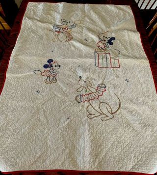Vintage Mickey Mouse Disney Blanket Quilted Hand Embroidered Music Theme 1950s