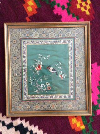 Vintage Chinese /japanese Silk Picture Hand Embroidered Birds Flowers.