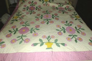 Vintage Hand Made Quilt Lavender Pink Green Yellow Flower Baskets 50,  Years Old