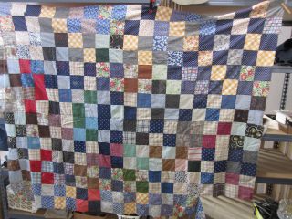 Vintage Hand Sewn Patchwork Quilt Top Only - Blues - Square Pattern Qt 18