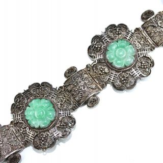 Vintage Estate Chinese Export Jade Sterling Silver Filigree Bracelet & Earrings