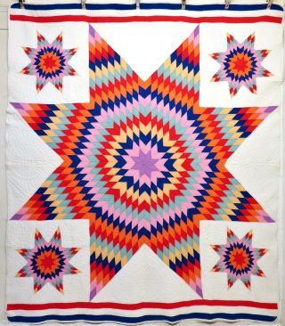 Vintage Handmade Hand Stitched Multicolor Star Quilt - 86x86