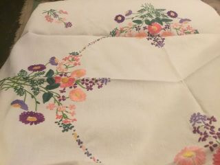 Vintage Hand Embroidered Flowers Cotton Tablecloth 30” Sq